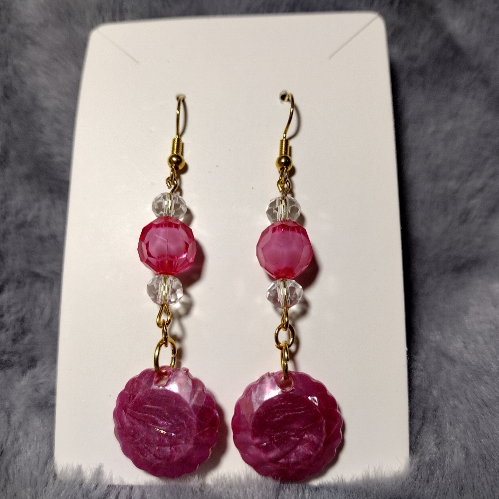 Handmade dangle earrings, pink beads
